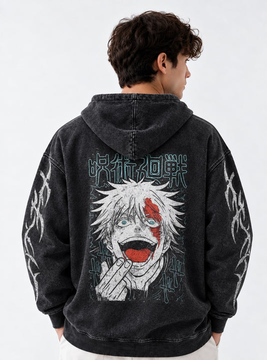 Jujutsu Kaisen Streetwear Washed Hoodie on model, back view