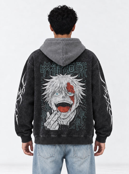 Jujutsu Kaisen Stylish Black and Grey Washed Hoodie on model, back view