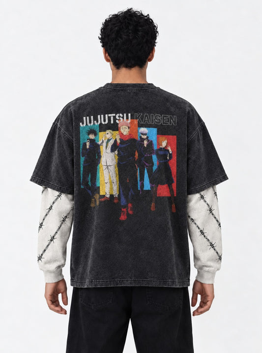 Jujutsu Kaisen Stylish Washed Double Sleeves T-Shirt on model, back view