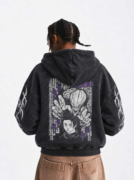 Jujutsu Kaisen Stylish Washed Hoodie on model, back view