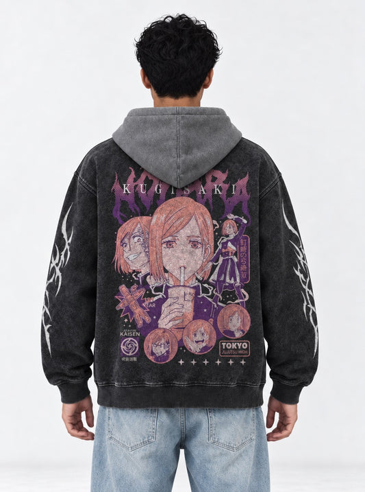 Jujutsu Kaisen Timeless Black and Grey Washed Hoodie on model, back view
