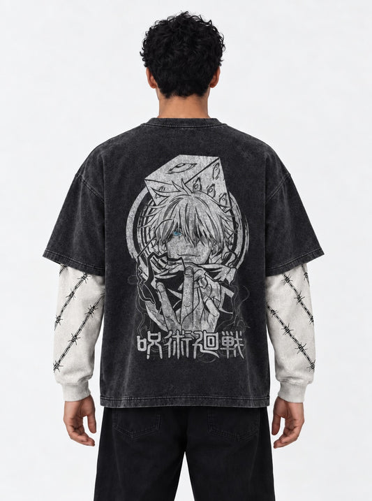 Jujutsu Kaisen Timeless Washed Double Sleeves T-Shirt on model, back view
