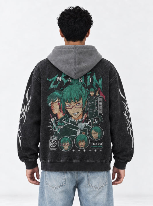 Jujutsu Kaisen Urban Black and Grey Washed Hoodie on model, back view
