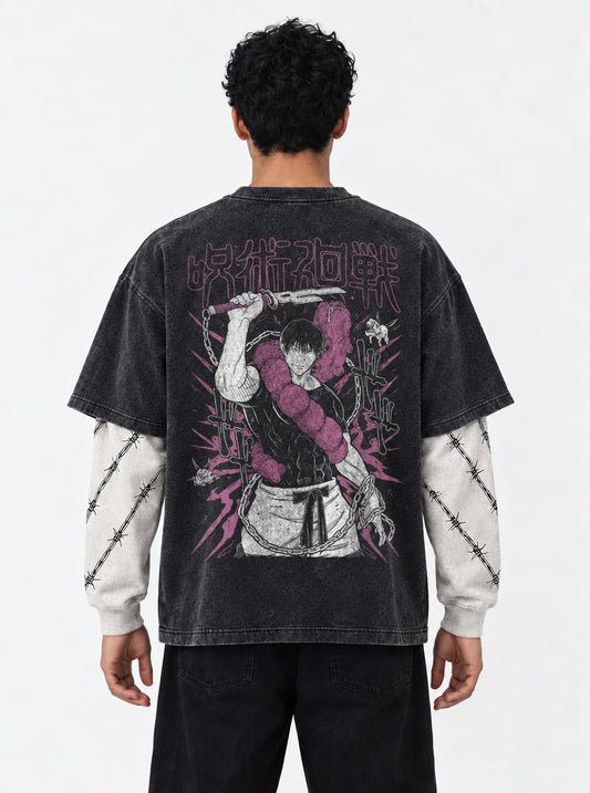 Jujutsu Kaisen Urban Washed Double Sleeves T-Shirt on model, back view