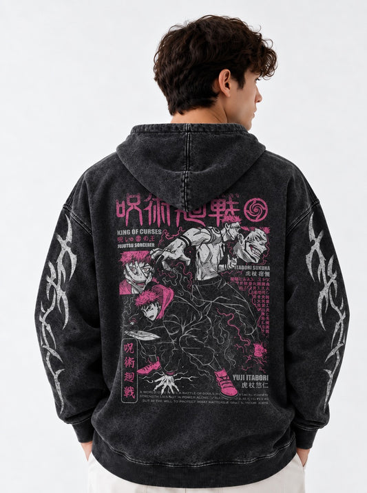 Jujutsu Kaisen Urban Washed Hoodie on model, back view