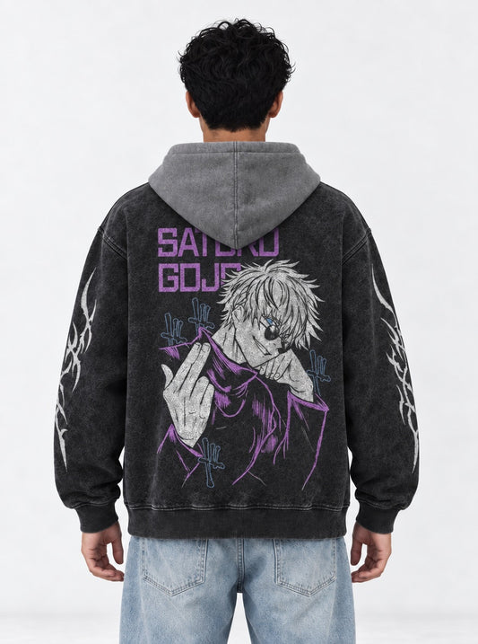 Jujutsu Kaisen Vintage Black and Grey Washed Hoodie on model, back view