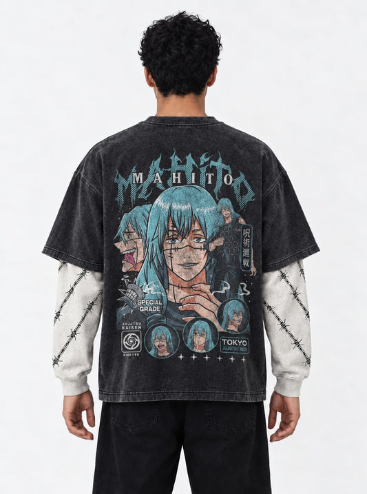 Jujutsu Kaisen Vintage Washed Double Sleeves T-Shirt on model, back view