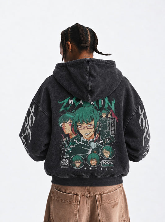 Jujutsu Kaisen Vintage Washed Hoodie on model, back view