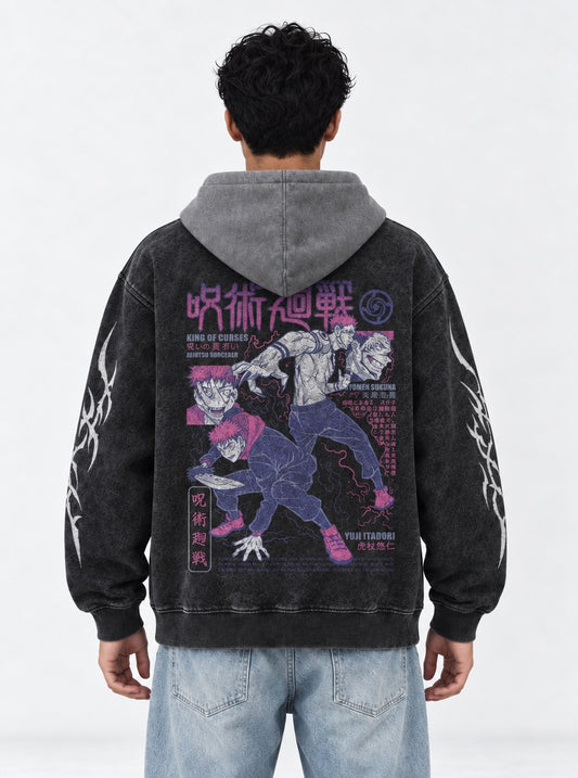 Jujutsu Kaisen Washed Black and Grey Washed Hoodie on model, back view