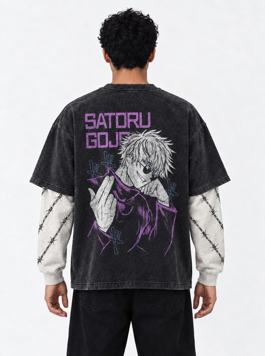 Jujutsu Kaisen Washed Washed Double Sleeves T-Shirt on model, back view