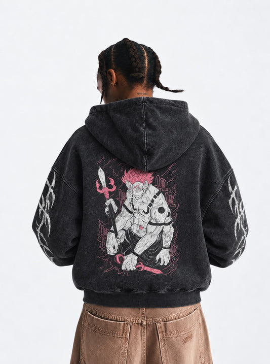 Jujutsu Kaisen Washed Washed Hoodie on model, back view