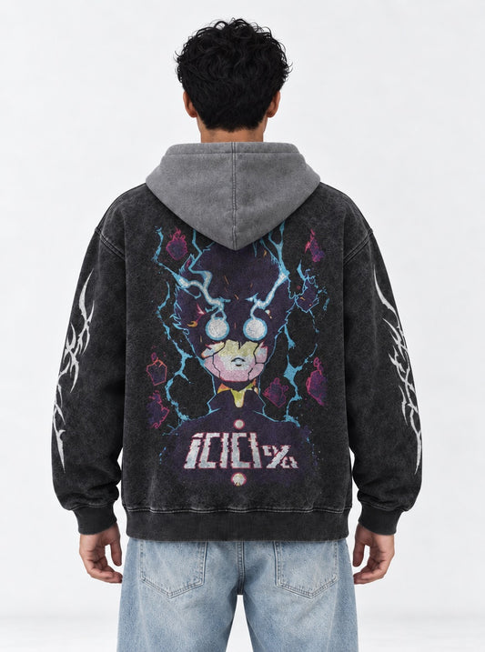 Mob Psycho 100 Bold Black and Grey Washed Hoodie on model, back view