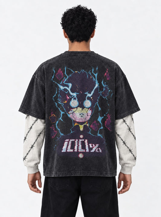 Mob Psycho 100 Bold Washed Double Sleeves T-Shirt on model, back view