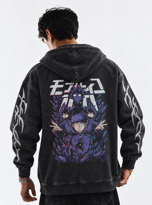 Mob Psycho 100 Bold Washed Hoodie on model, back view