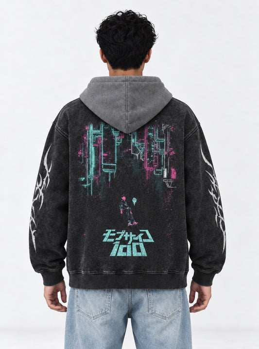 Mob Psycho 100 Classic Black and Grey Washed Hoodie on model, back view
