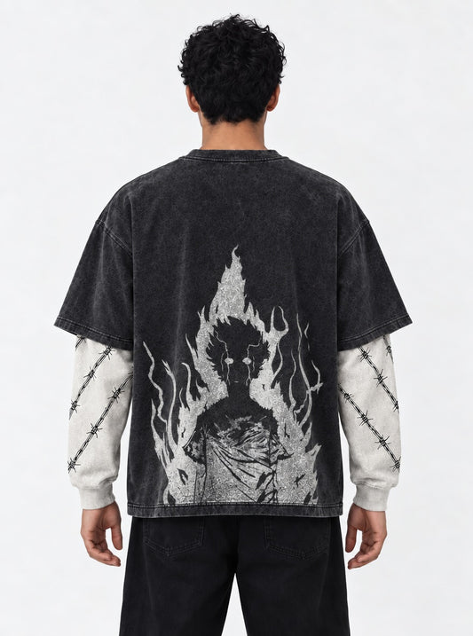 Mob Psycho 100 Classic Washed Double Sleeves T-Shirt on model, back view