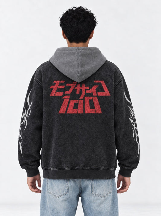 Mob Psycho 100 Clean Black and Grey Washed Hoodie on model, back view