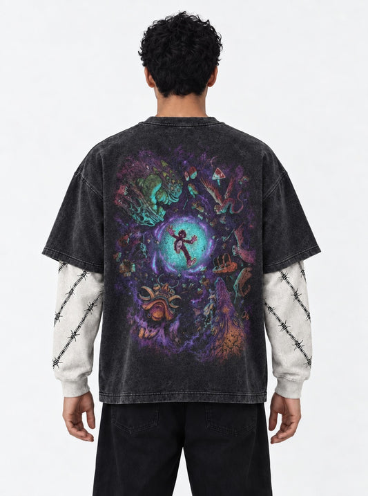 Mob Psycho 100 Clean Washed Double Sleeves T-Shirt on model, back view