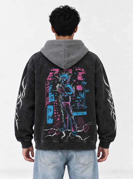 Mob Psycho 100 Cozy Black and Grey Washed Hoodie on model, back view