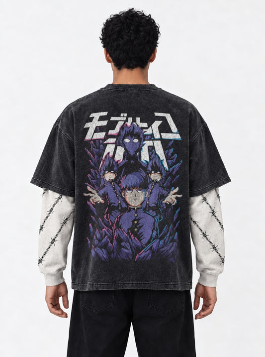 Mob Psycho 100 Cozy Washed Double Sleeves T-Shirt on model, back view