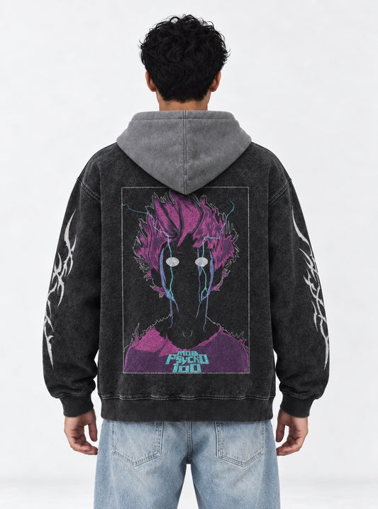 Mob Psycho 100 Essential Black and Grey Washed Hoodie on model, back view