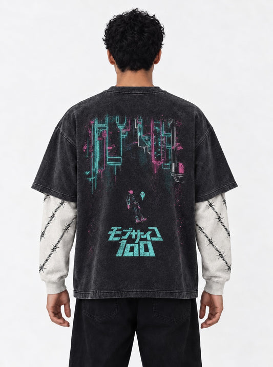 Mob Psycho 100 Essential Washed Double Sleeves T-Shirt on model, back view