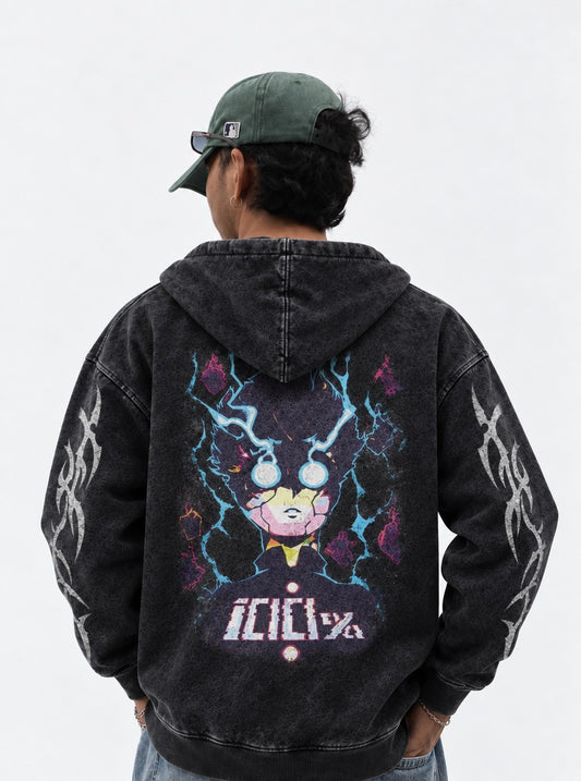Mob Psycho 100 Essential Washed Hoodie on model, back view