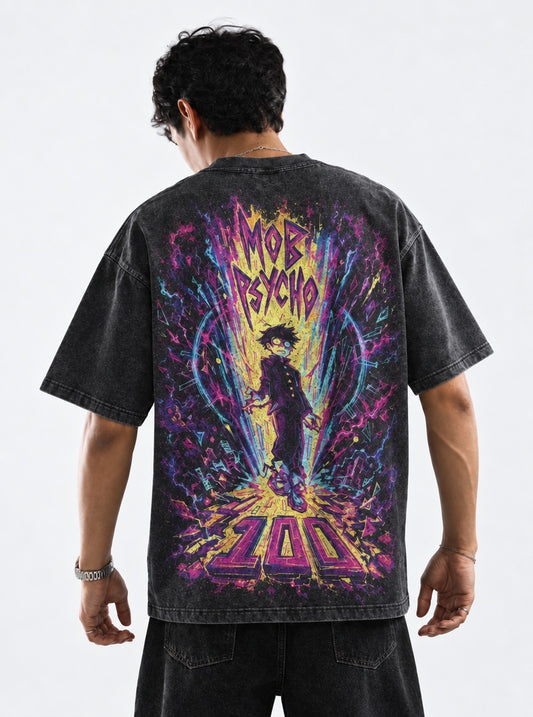 Mob Psycho 100 Essential Washed T-Shirt on model, back view