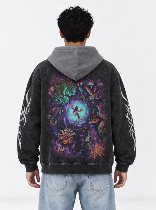 Mob Psycho 100 Graphic Black and Grey Washed Hoodie on model, back view