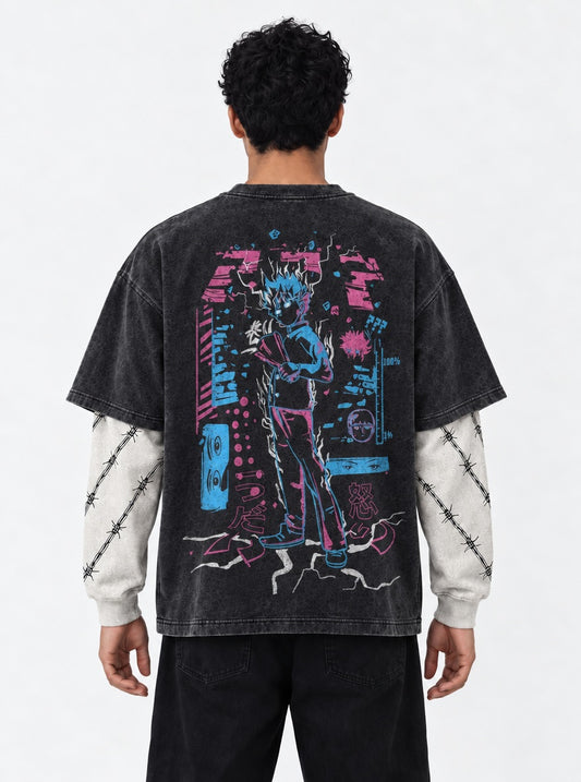 Mob Psycho 100 Graphic Washed Double Sleeves T-Shirt on model, back view
