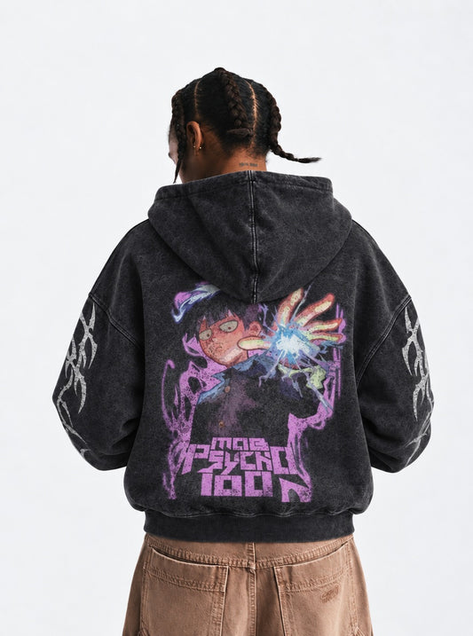 Mob Psycho 100 Graphic Washed Hoodie on model, back view