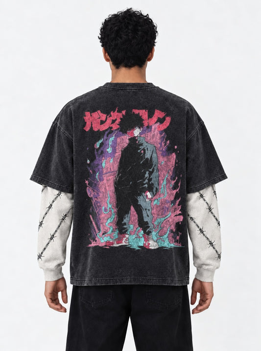 Mob Psycho 100 Heavyweight Washed Double Sleeves T-Shirt on model, back view