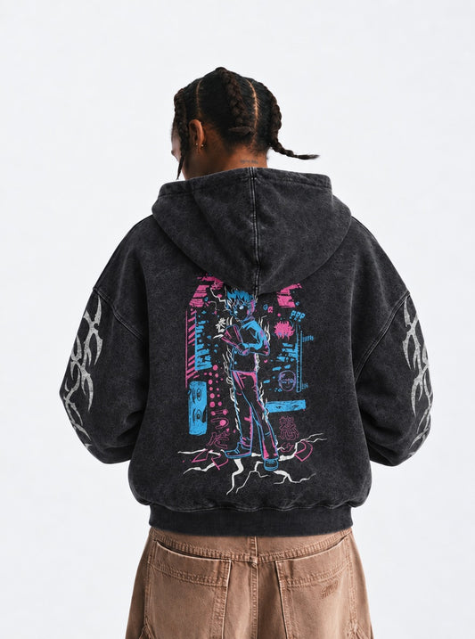 Mob Psycho 100 Heavyweight Washed Hoodie on model, back view