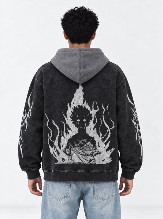 Mob Psycho 100 Lightweight Black and Grey Washed Hoodie on model, back view