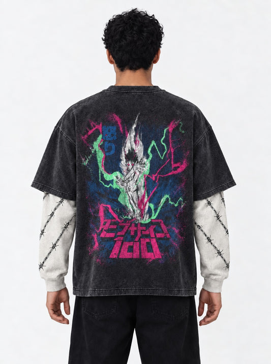 Mob Psycho 100 Lightweight Washed Double Sleeves T-Shirt on model, back view