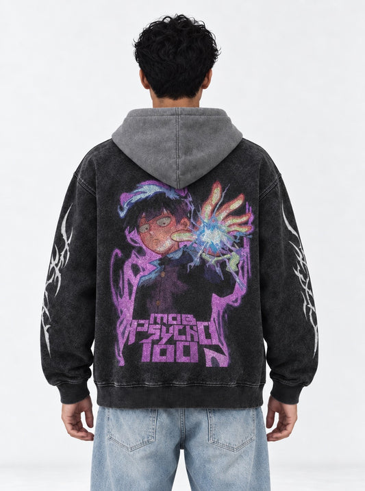 Mob Psycho 100 Luxe Black and Grey Washed Hoodie on model, back view
