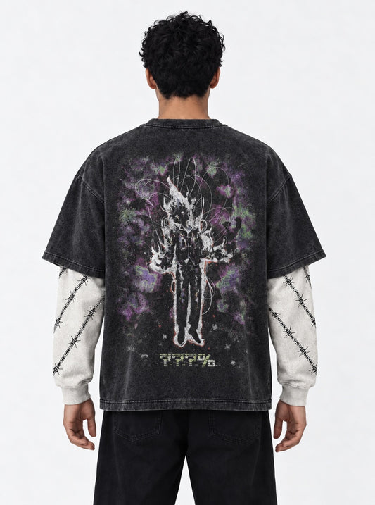 Mob Psycho 100 Luxe Washed Double Sleeves T-Shirt on model, back view