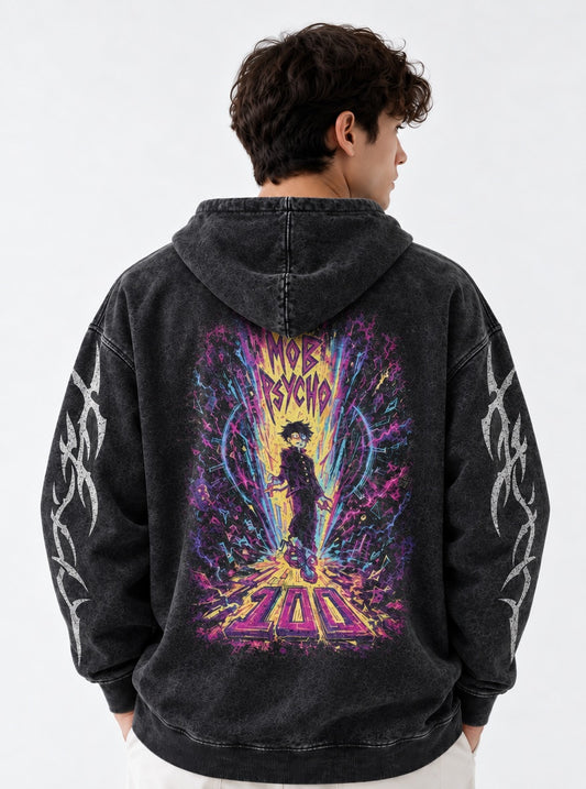 Mob Psycho 100 Luxe Washed Hoodie on model, back view