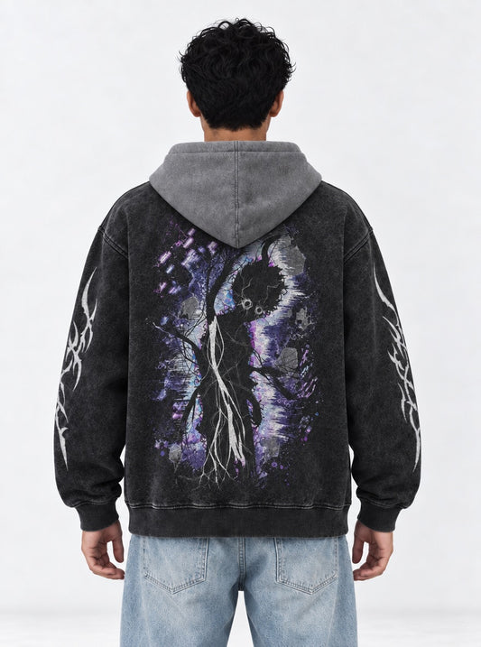Mob Psycho 100 Minimal Black and Grey Washed Hoodie on model, back view
