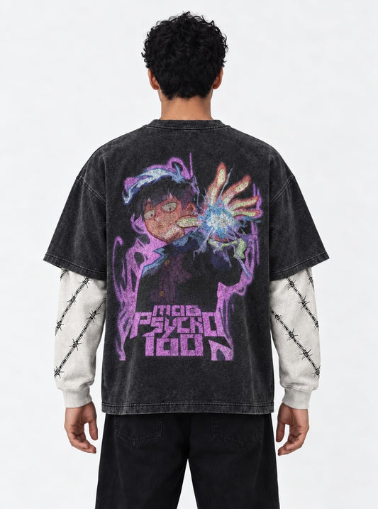 Mob Psycho 100 Minimal Washed Double Sleeves T-Shirt on model, back view