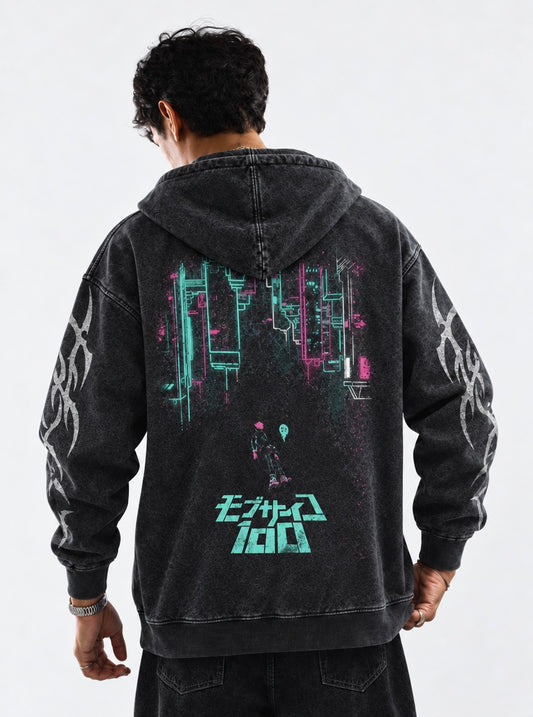 Mob Psycho 100 Minimal Washed Hoodie on model, back view