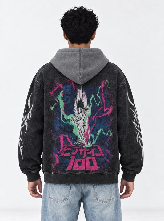 Mob Psycho 100 Oversized Black and Grey Washed Hoodie on model, back view