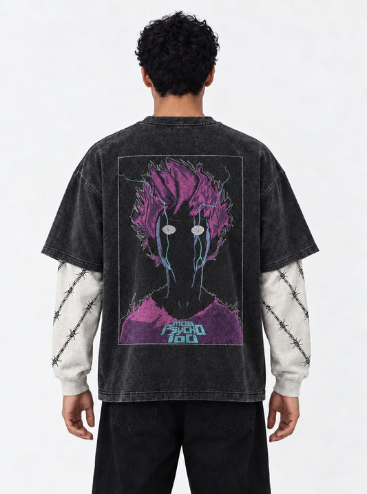 Mob Psycho 100 Oversized Washed Double Sleeves T-Shirt on model, back view