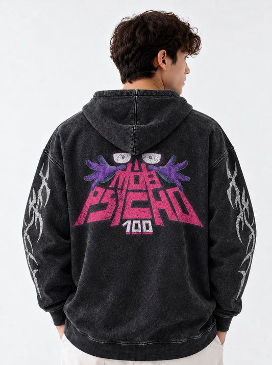 Mob Psycho 100 Oversized Washed Hoodie on model, back view