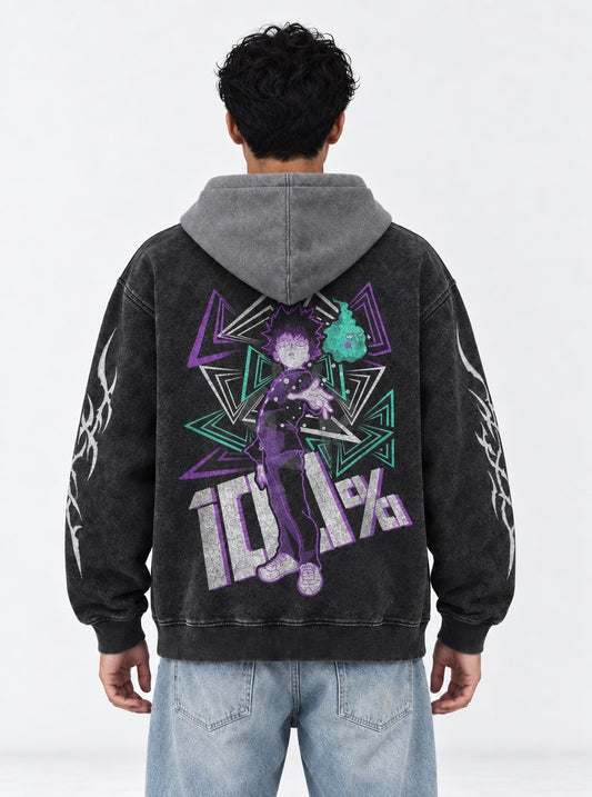Mob Psycho 100 Premium Black and Grey Washed Hoodie on model, back view