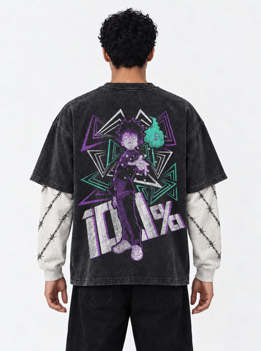 Mob Psycho 100 Premium Washed Double Sleeves T-Shirt on model, back view