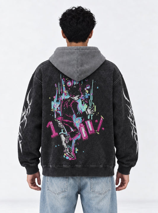 Mob Psycho 100 Relaxed Black and Grey Washed Hoodie on model, back view