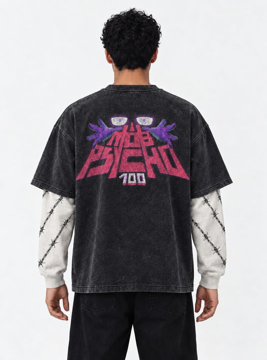 Mob Psycho 100 Relaxed Washed Double Sleeves T-Shirt on model, back view