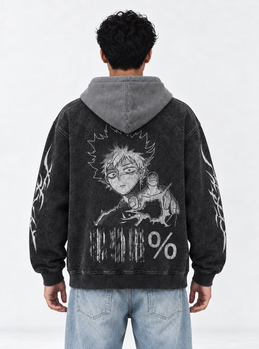 Mob Psycho 100 Signature Black and Grey Washed Hoodie on model, back view