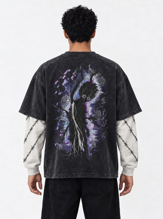 Mob Psycho 100 Signature Washed Double Sleeves T-Shirt on model, back view